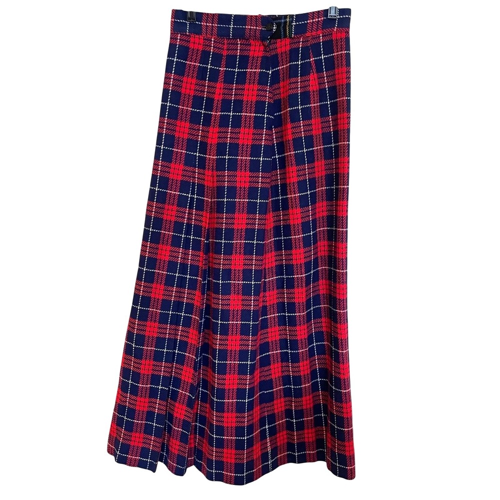 Vintage 60s 70s Handmade Red Navy‎ Blue Plaid Pleated Maxi Skirt Anchor Button L